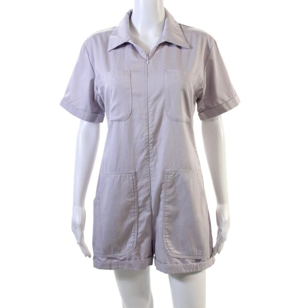 Rivet.Utility Womens Short Sleeve Zip Up Cuffed Hem Collared Romper Lilac Size S